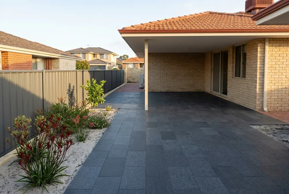 Dark charcoal granite look porcelain pavers on a Perth alfresco