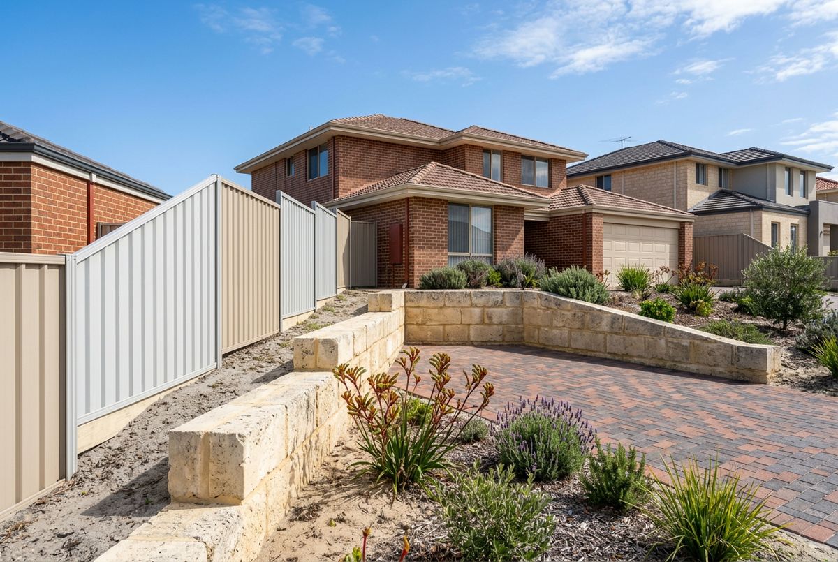 Low and tall limestone retaining walls on a boundary in Perth by IBP Paving (illustrative image, not a client job)