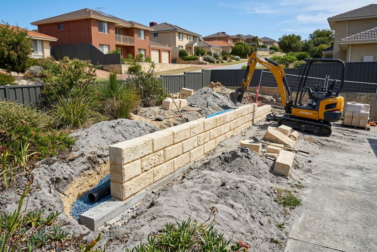 Limestone retaining wall under construction with footing and drainage in Perth by IBP Paving (illustrative image, not a client job)