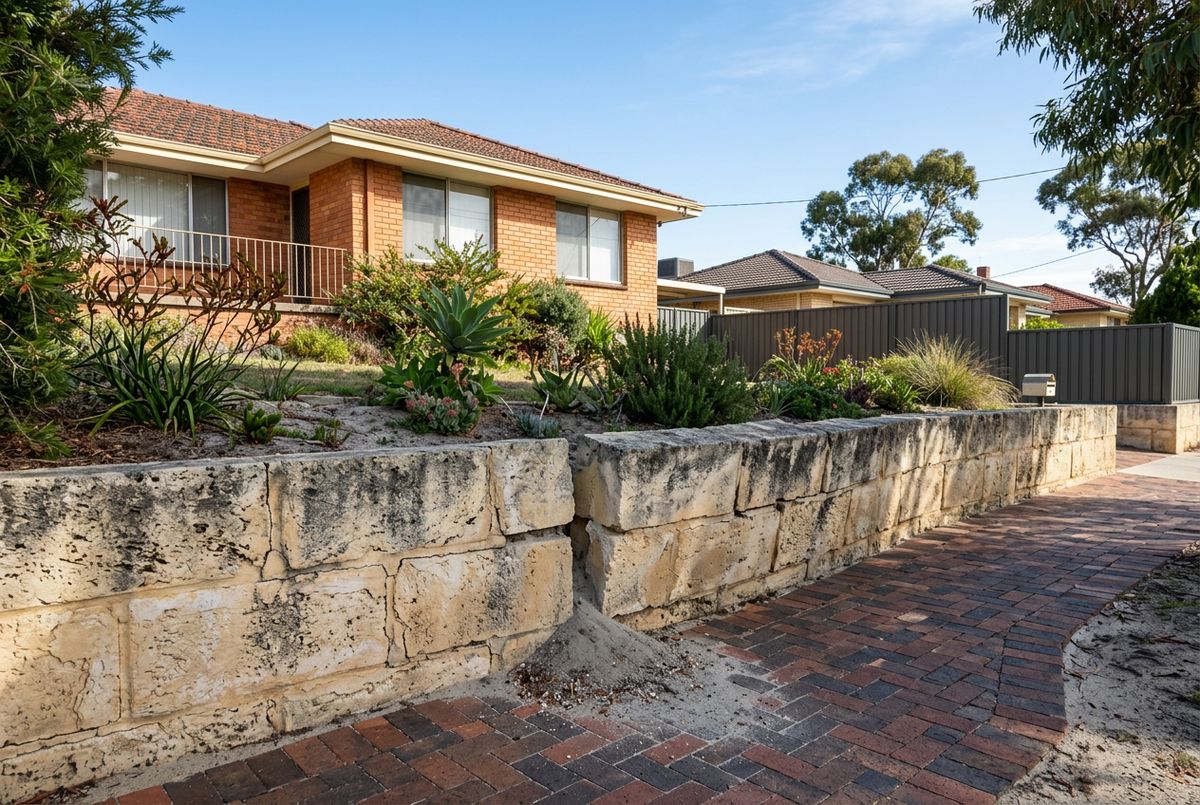 Bulging limestone retaining wall needing repair in Duncraig, Perth by IBP Paving (illustrative image, not a client job)