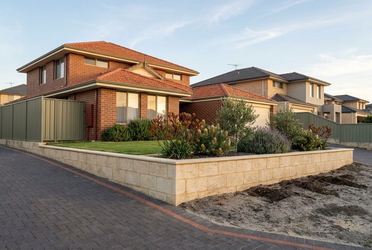 Limestone retaining wall and brick paved driveway in Landsdale, Perth by IBP Paving (illustrative image, not a client job)