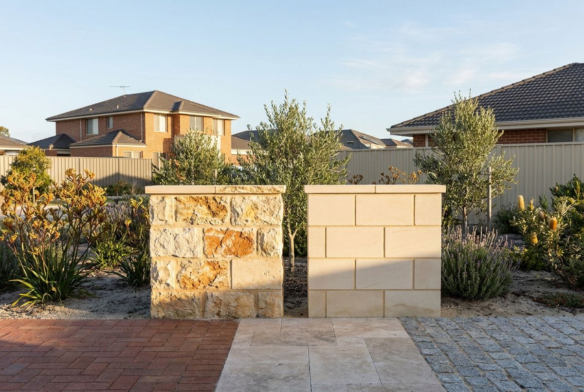 Natural Tamala limestone and reconstituted limestone retaining wall blocks in Perth by IBP Paving (illustrative image, not a client job)