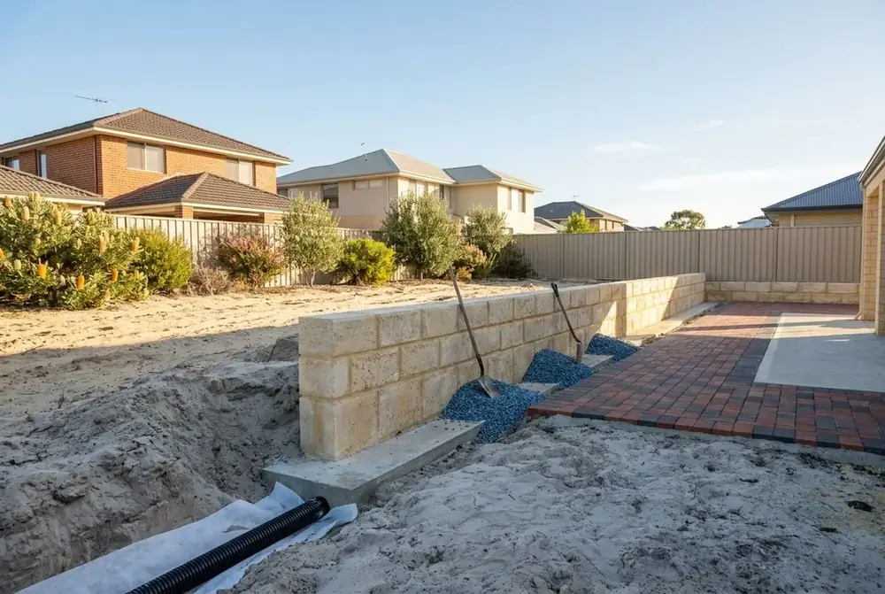Ag drain, gravel and geofabric behind a limestone retaining wall in Perth