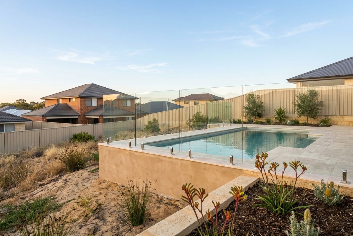 Limestone retaining wall and travertine pool surround in Perth by IBP Paving (illustrative image, not a client job; the fence must read as clear of the wall)