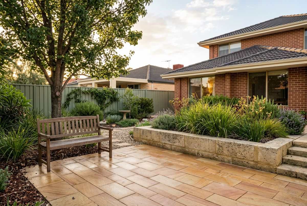 Sandstone paving patio in warm tan sandstone, Perth by IBP Paving