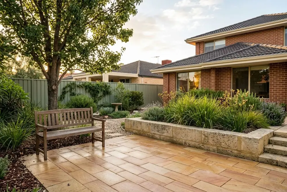 Sandstone paving patio in warm tan sandstone, Perth by IBP Paving