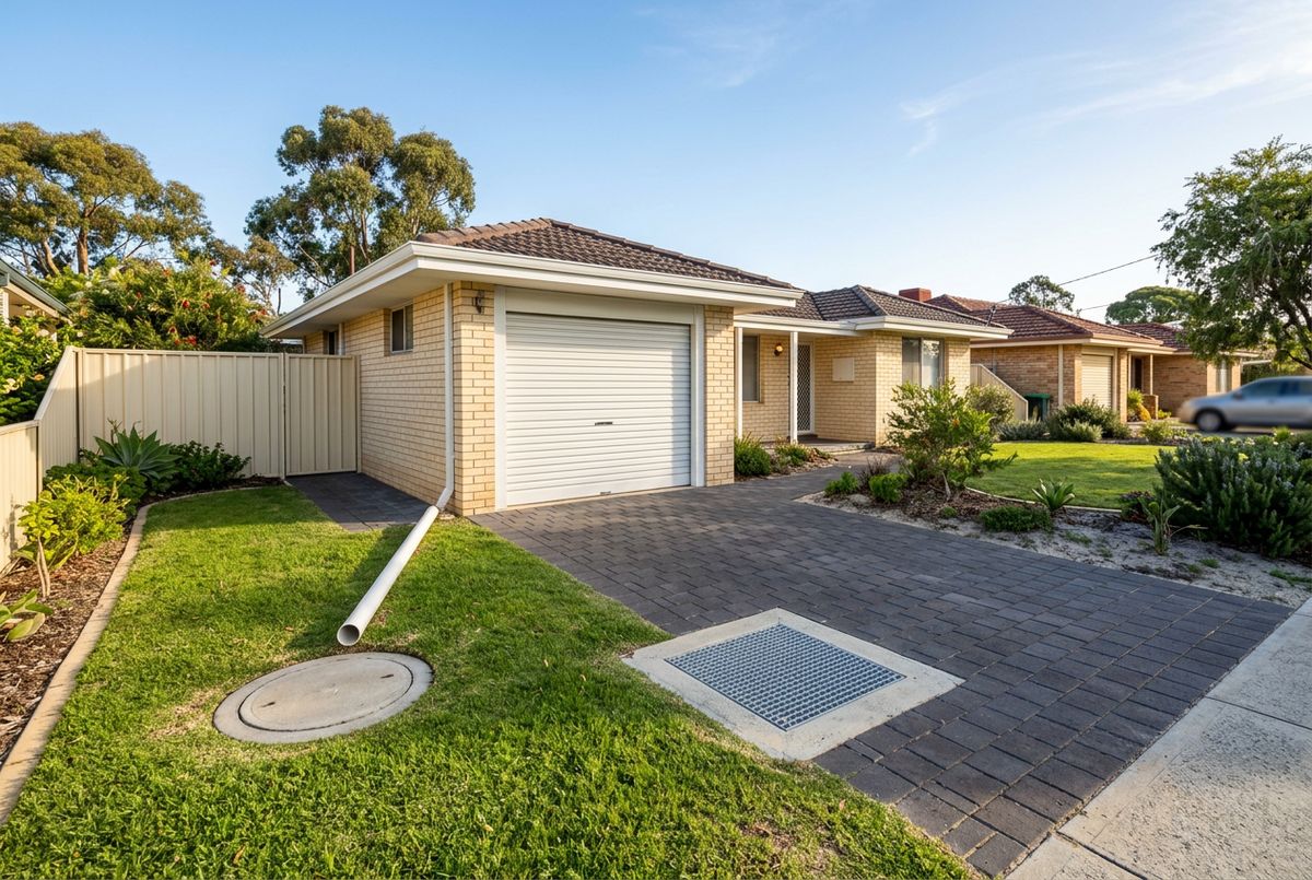 Trafficable soakwell lid in brick paving driveway in Karrinyup, Perth by IBP Paving