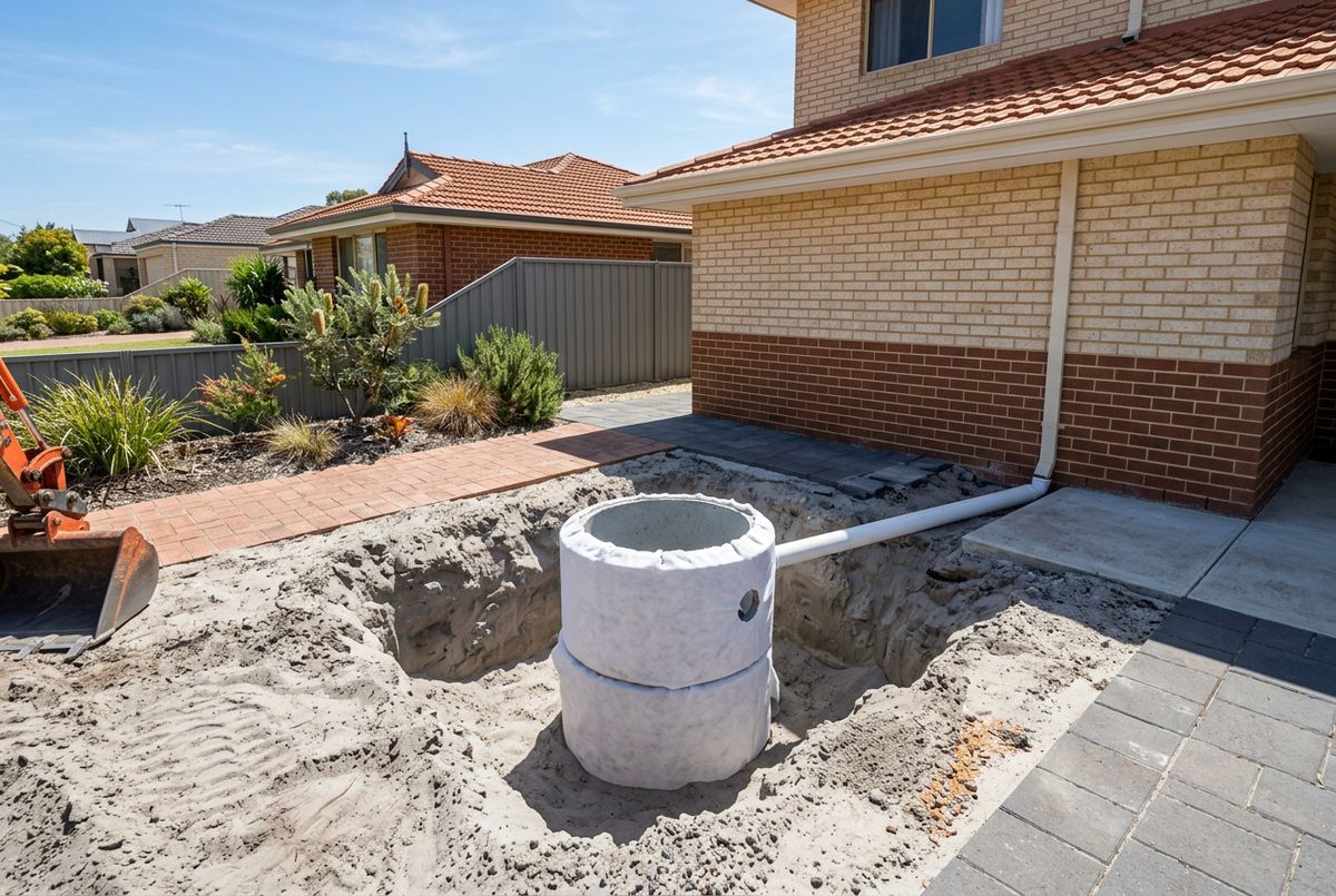 Concrete soakwell rings wrapped in geofabric in a sand excavation in Perth