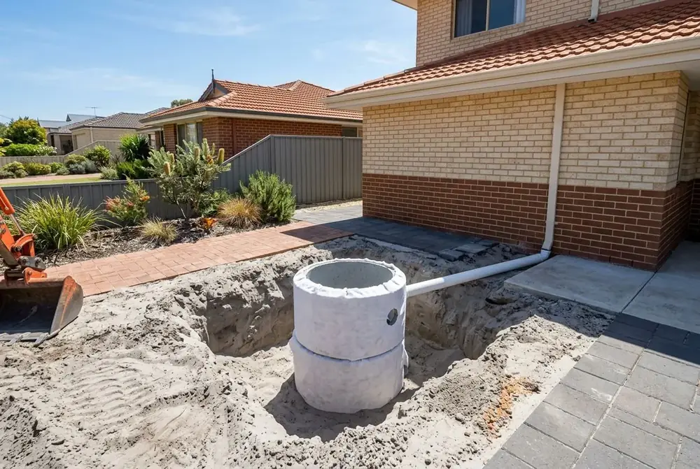 Concrete soakwell rings wrapped in geofabric in a sand excavation in Perth