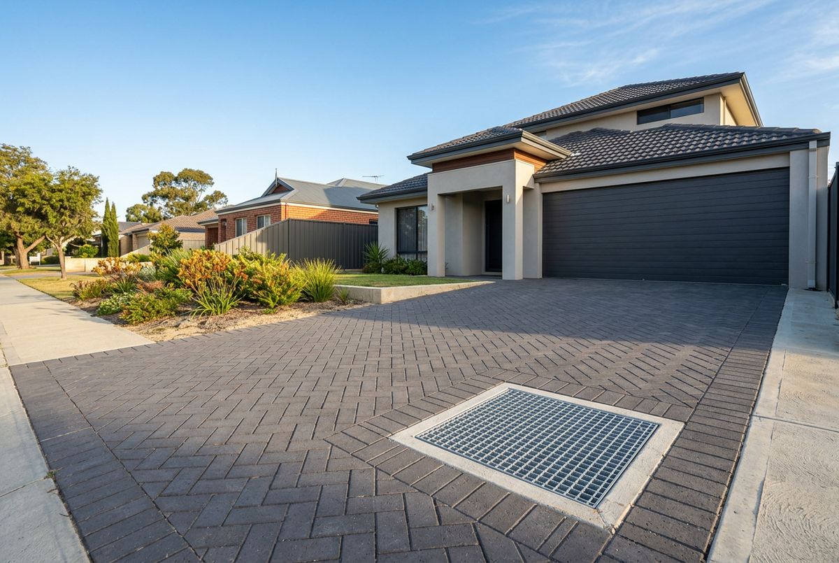 Trafficable soakwell lid set into brick paving on a driveway in Perth