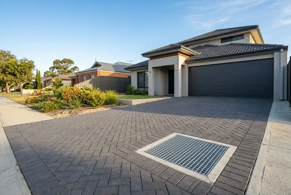 Trafficable soakwell lid set into brick paving on a driveway in Perth