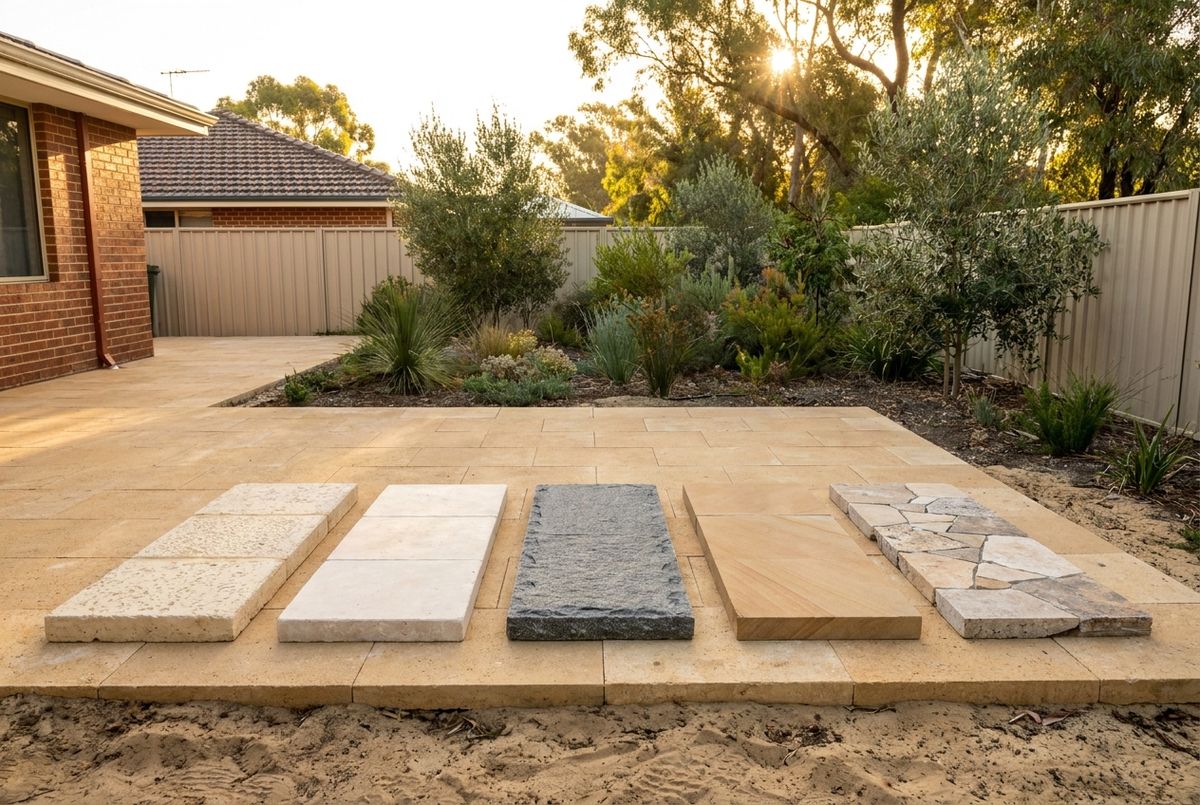 Limestone, travertine, granite, sandstone and crazy paving samples for Perth stone paving