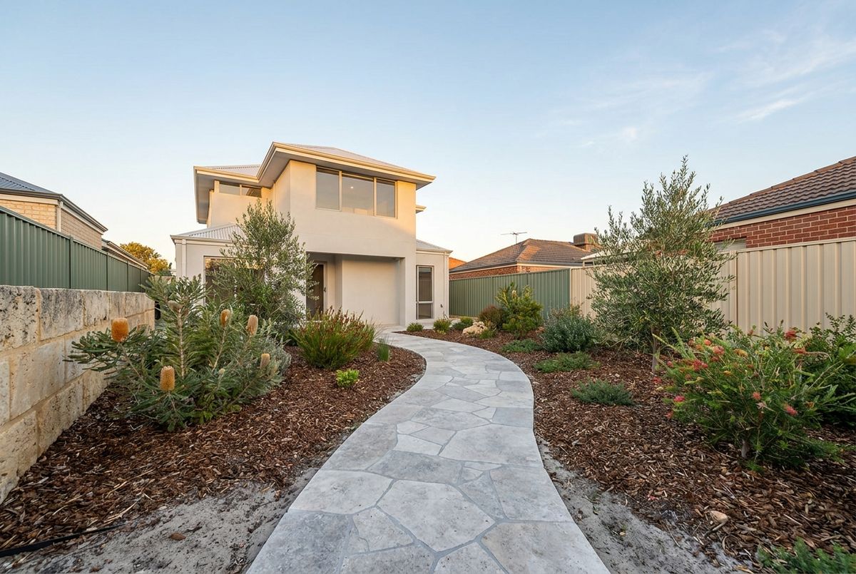 Travertine crazy paving garden path in Perth by IBP Paving