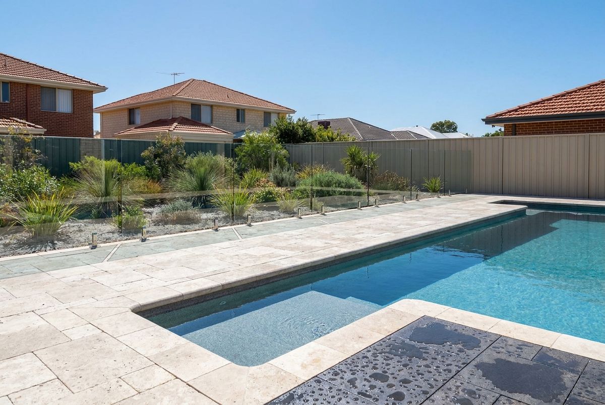 Sealed travertine pool surround paving in Perth by IBP Paving