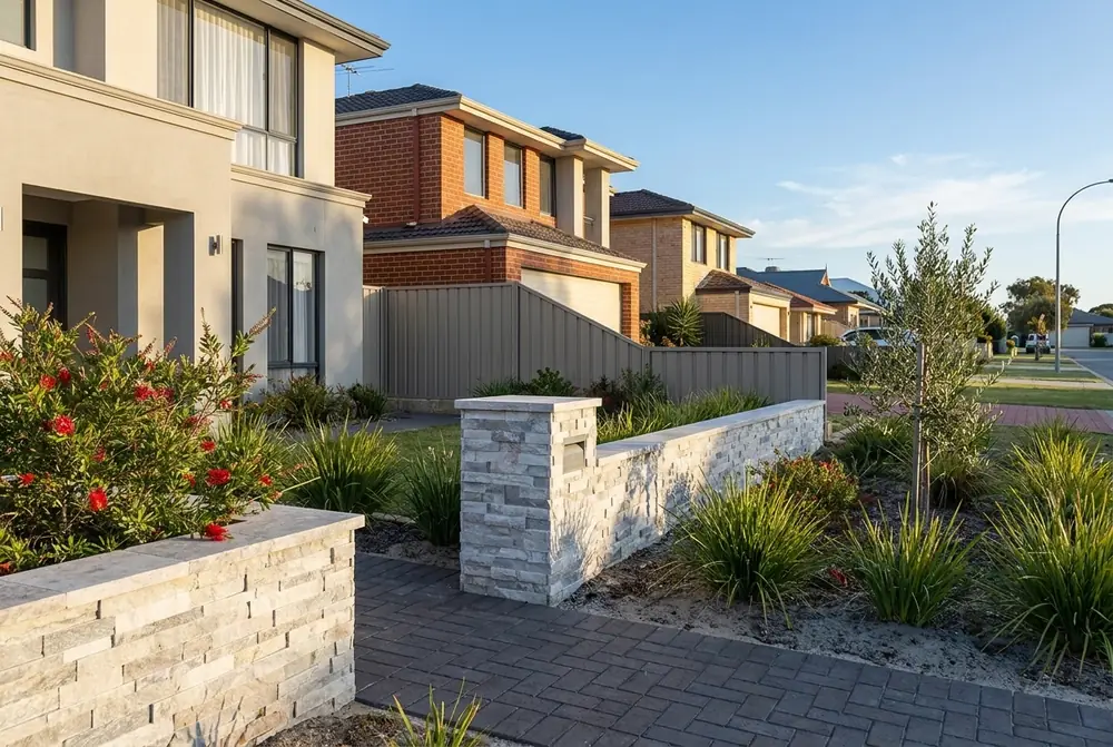 Light grey and white stacked stone cladding on a low front wall and pier in a Perth street