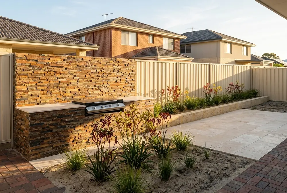 Copper toned stacked stone cladding on an outdoor BBQ wall in a Perth backyard