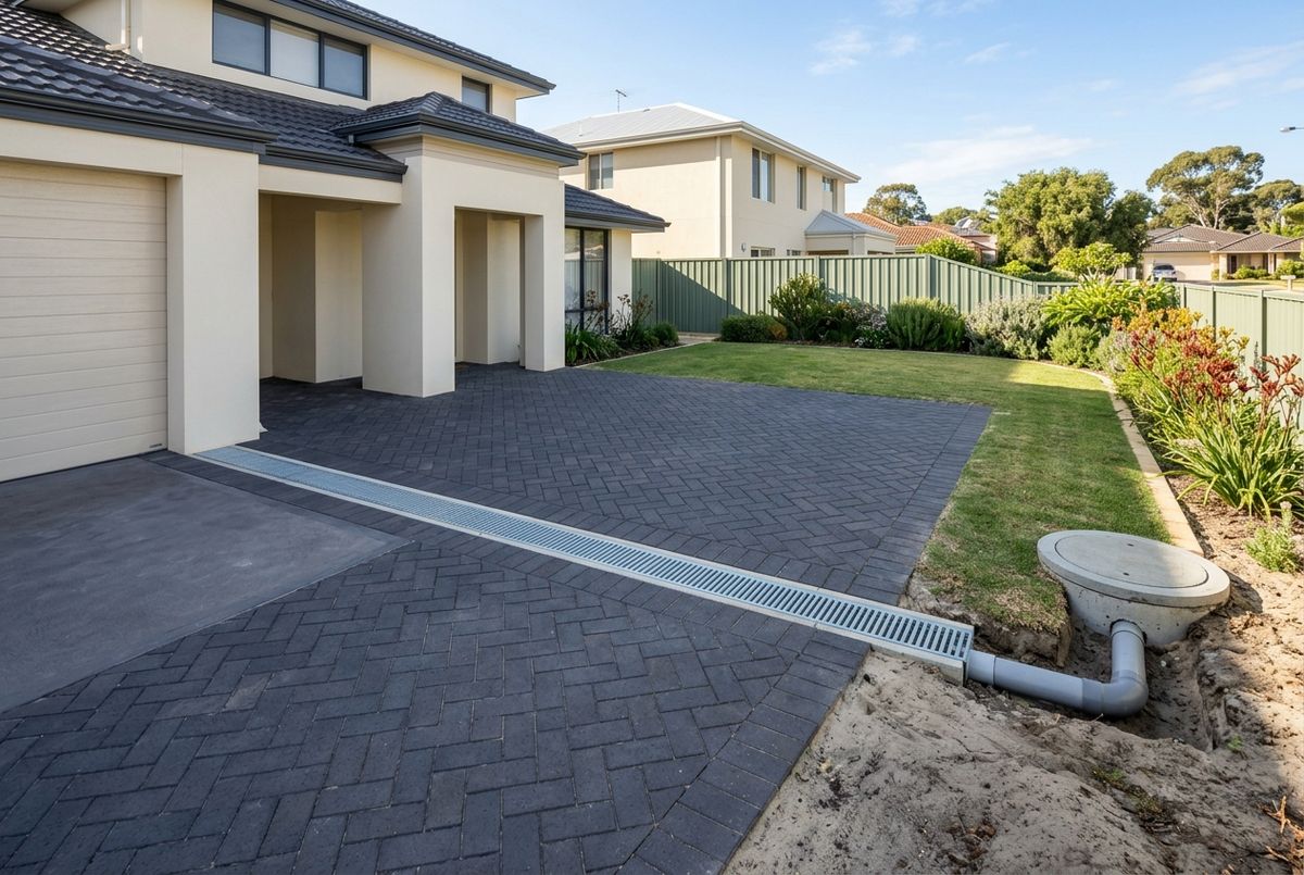 Grated drain in brick paving driveway in Landsdale, Perth by IBP Paving