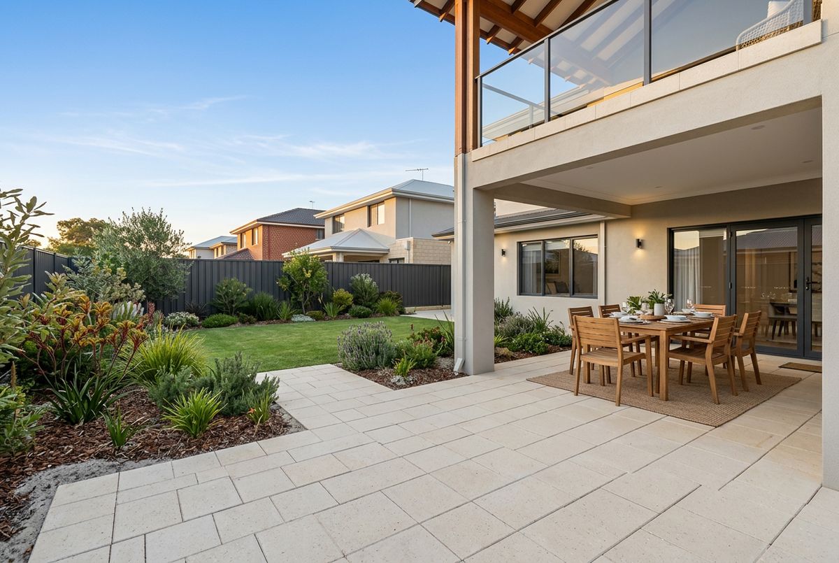 Stretcher bond paving alfresco in cream concrete pavers, Perth by IBP Paving