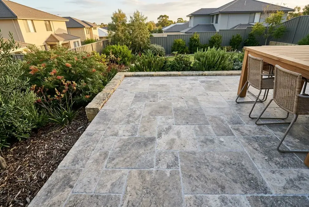French pattern travertine paving module laid in Perth